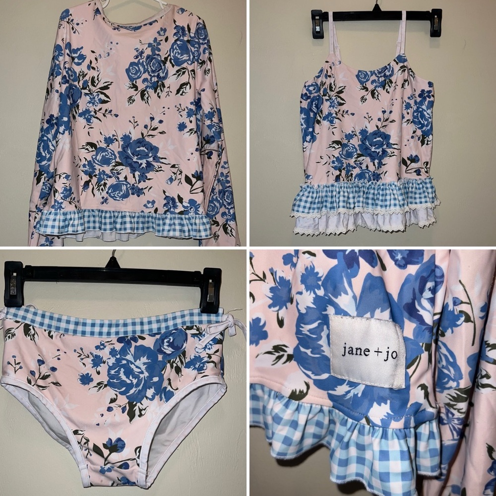 jane + jo Pink & Blue Floral Rash Guard Tankini Swim Set